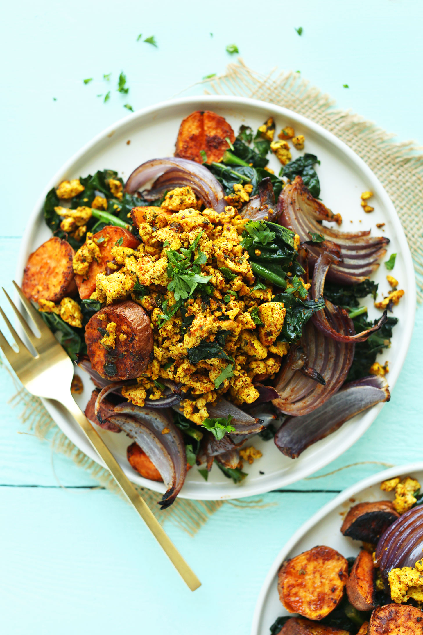 AMAZING Savory Tofu Scramble with Kale Sweet Potatoes and Roasted Red Onion Flavorful plant based and SO satisfying vegan glutenfree tofuscramble breakfast recipe 1 - ROASTED SWEET POTATO KALE